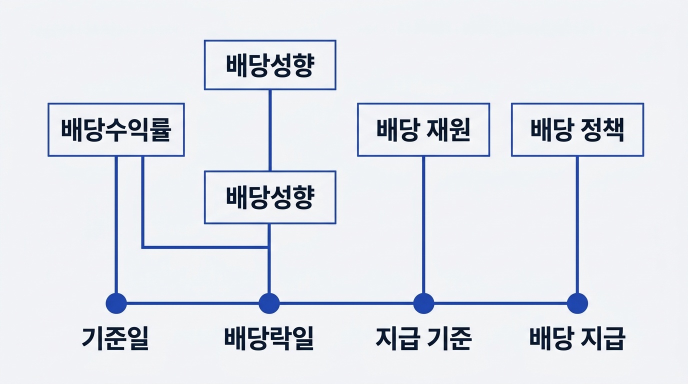 기준일·배당락일·지급 등 배당 캘린더 지점과 배당수익률·배당성향 등 핵심 개념의 관계를 보여주는 도해.